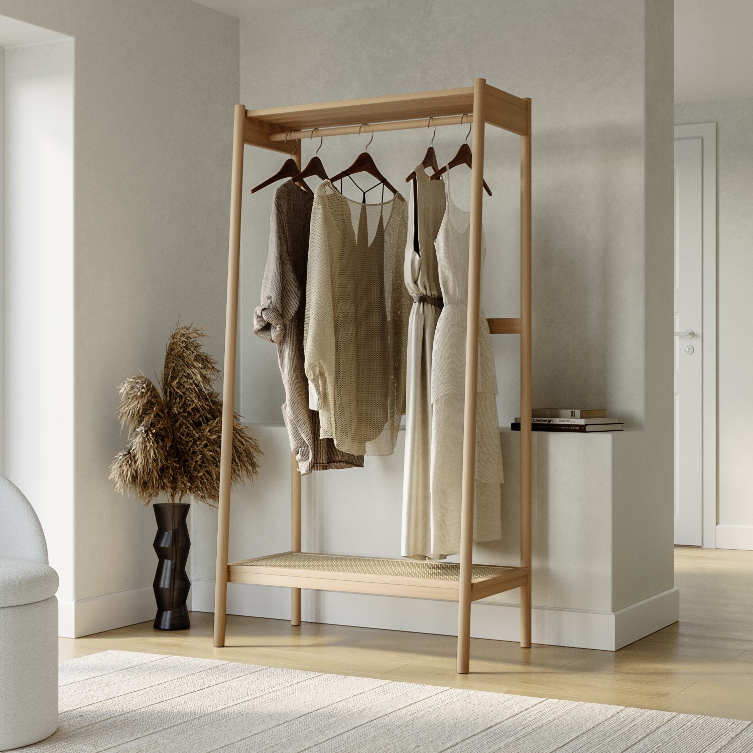 Wooden Open Wardrobe Cane Shelf