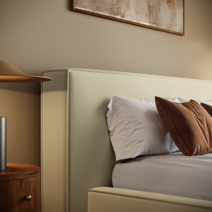 Cream Velvet Double Low-Profile Ottoman Bed with Tailored Seam Detailing - Sereno