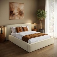 Cream Velvet King Size Low-Profile Ottoman Bed with Tailored Seam Detailing - Sereno
