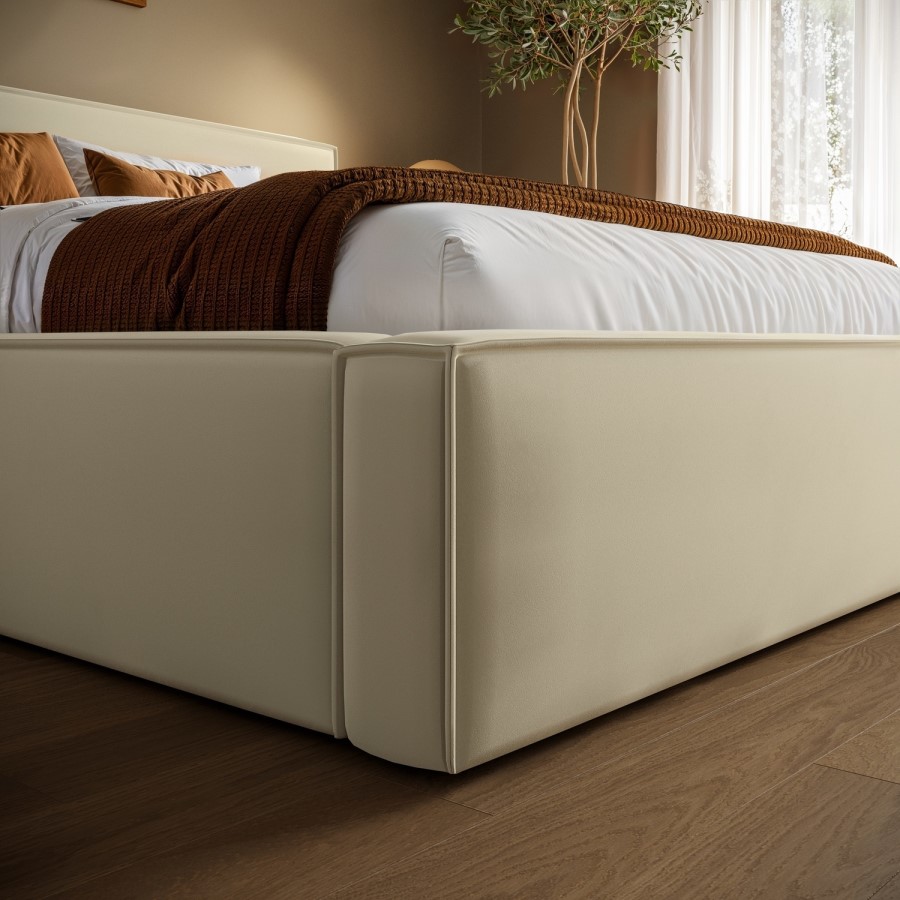 Cream Velvet King Size Low-Profile Ottoman Bed with Tailored Seam Detailing - Sereno