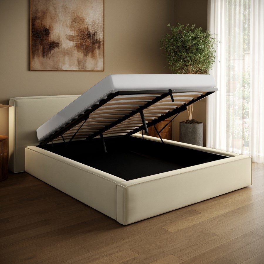 Cream Velvet King Size Low-Profile Ottoman Bed with Tailored Seam Detailing - Sereno