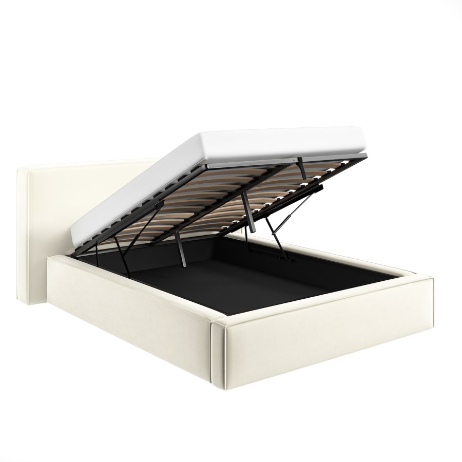 Cream Velvet King Size Low-Profile Ottoman Bed with Tailored Seam Detailing - Sereno