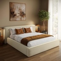 Cream Velvet Super King Low-Profile Ottoman Bed with Tailored Seam Detailing - Sereno