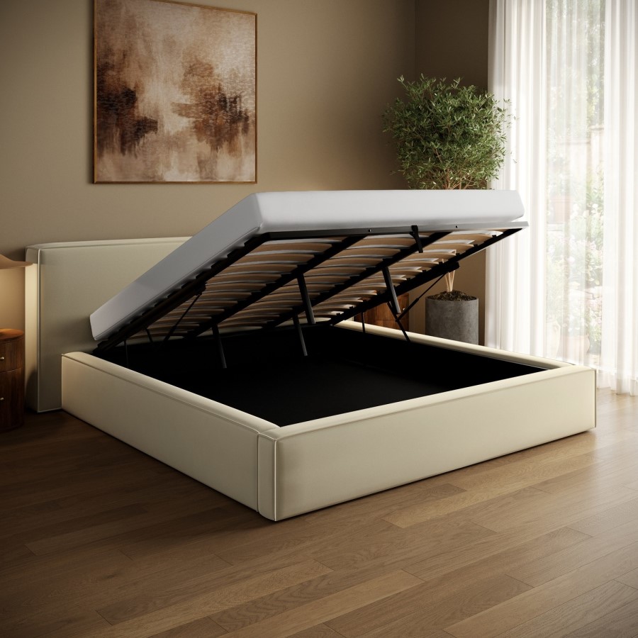 Cream Velvet Super King Low-Profile Ottoman Bed with Tailored Seam Detailing - Sereno