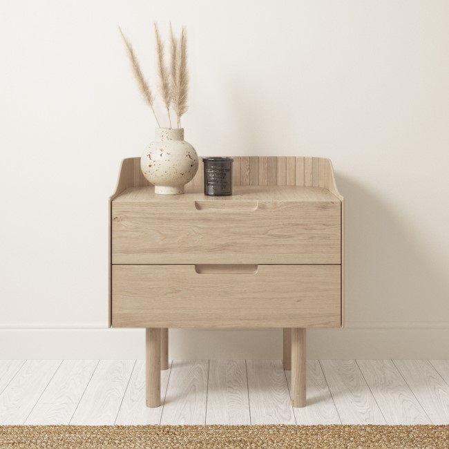 GRADE A1 - Mid-Century Modern Bedside Table with 2 Drawers in Light Wood - Saskia