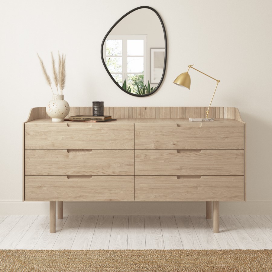 GRADE A2 - Mid-Century Modern Wide Chest of 6 Drawers with Legs in Light Wood - Saskia