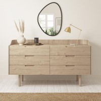 GRADE A2 - Mid-Century Modern Wide Chest of 6 Drawers with Legs in Light Wood - Saskia