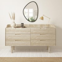 GRADE A1 - Mid-Century Modern Wide Chest of 6 Drawers with Legs in Light Wood - Saskia