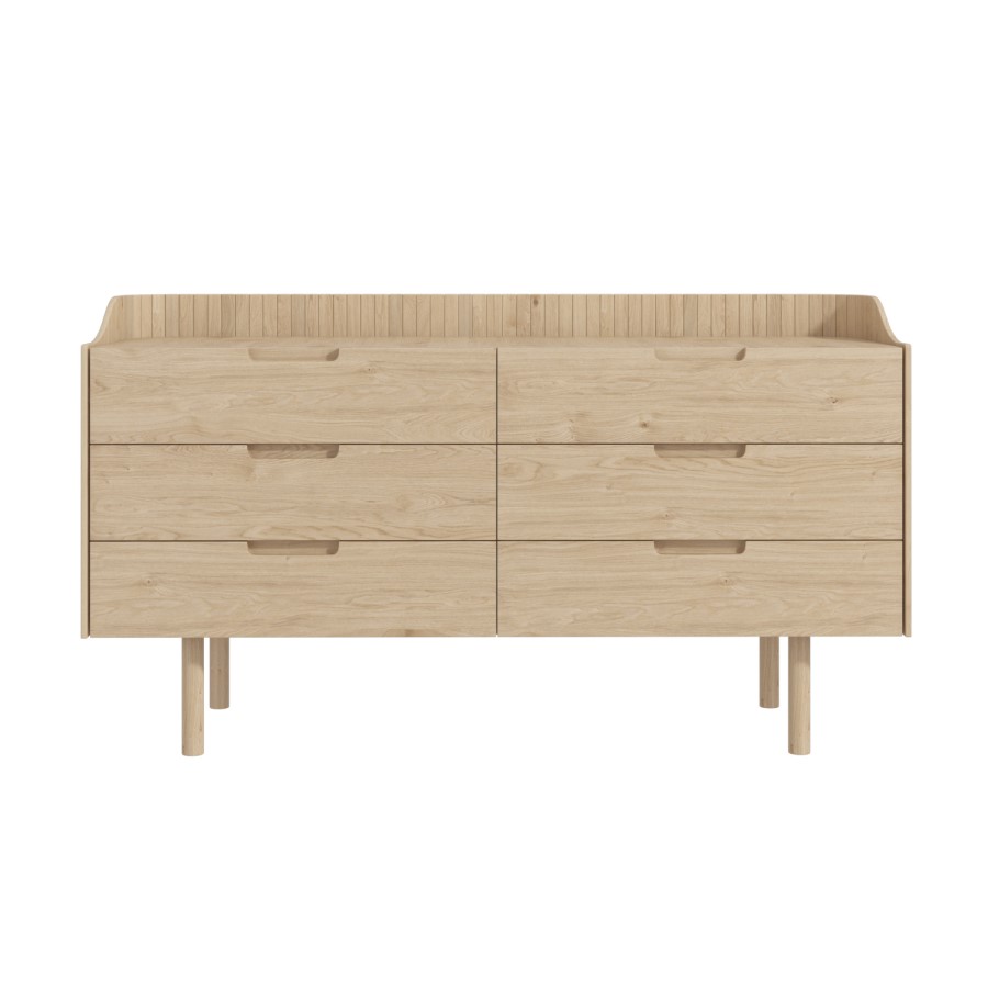 GRADE A2 - Mid-Century Modern Wide Chest of 6 Drawers with Legs in Light Wood - Saskia