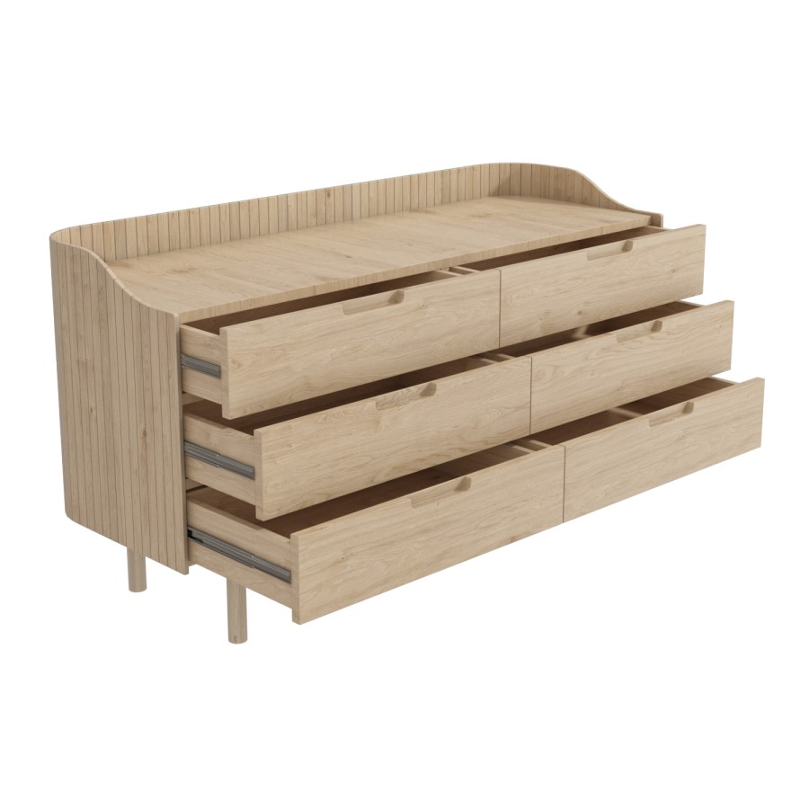 GRADE A2 - Mid-Century Modern Wide Chest of 6 Drawers with Legs in Light Wood - Saskia