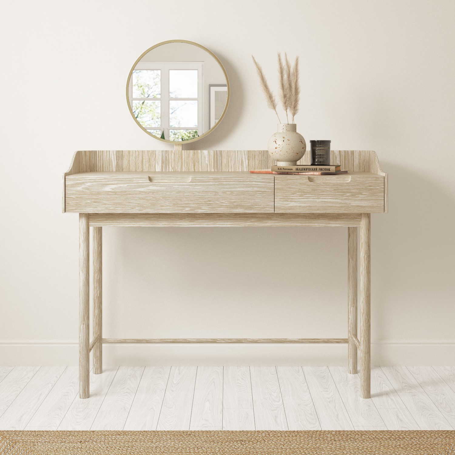 Photo of Light wood mid-century modern dressing table with mirror and drawers - saskia