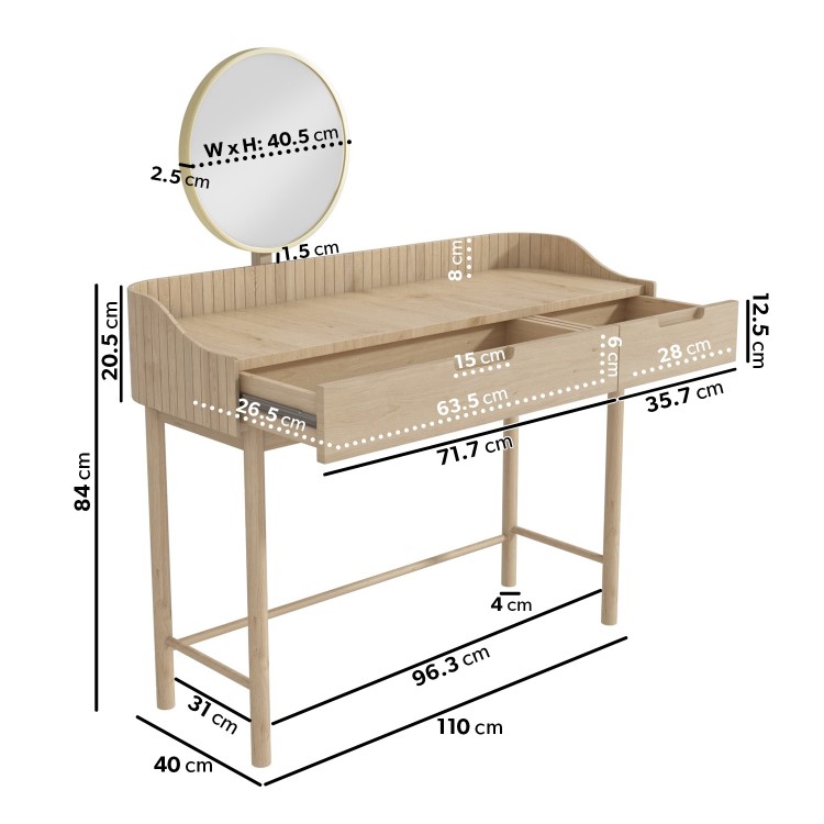 Light Wood Mid-Century Modern Dressing Table with Mirror and Drawers - Saskia