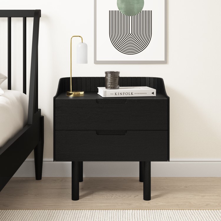 Black Mid-Century Modern 2 Drawer Bedside Table - Saskia