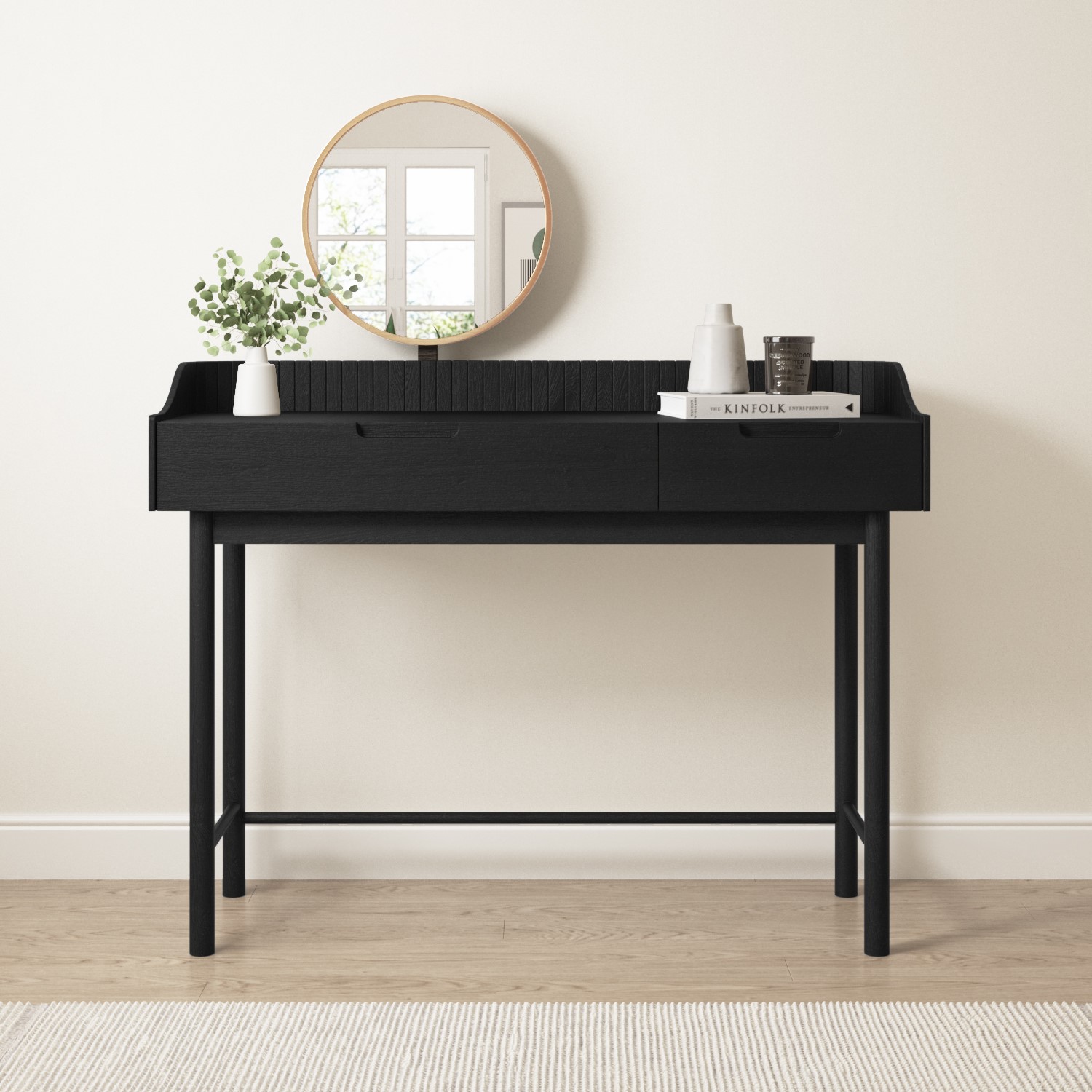 Black Mid-Century Modern Dressing Table With Mirror And Drawers - Saskia -  Furniture123