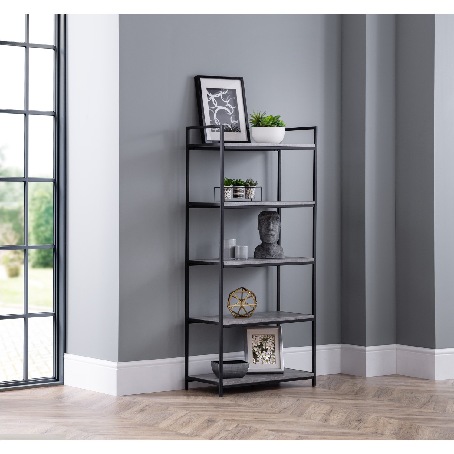 Staten Tall Bookcase With Black Metal Frame Faux Concrete