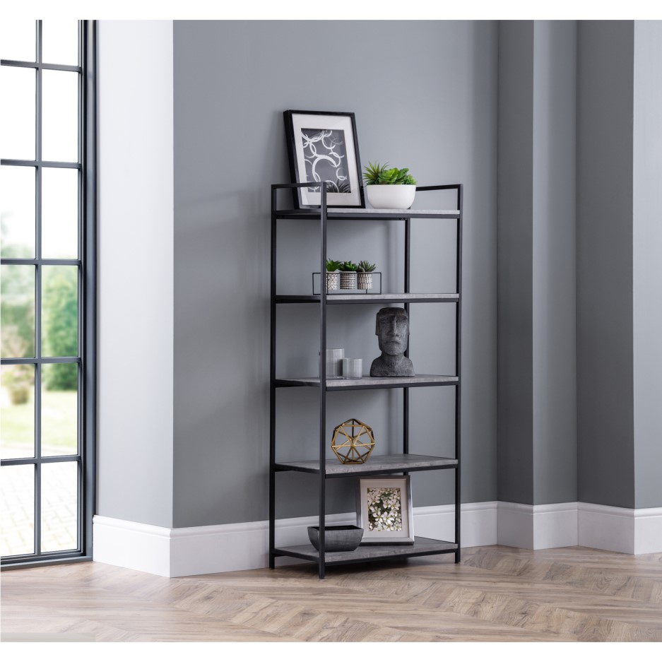 Staten Tall Bookcase with Black Metal Frame & Faux Concrete Shelves