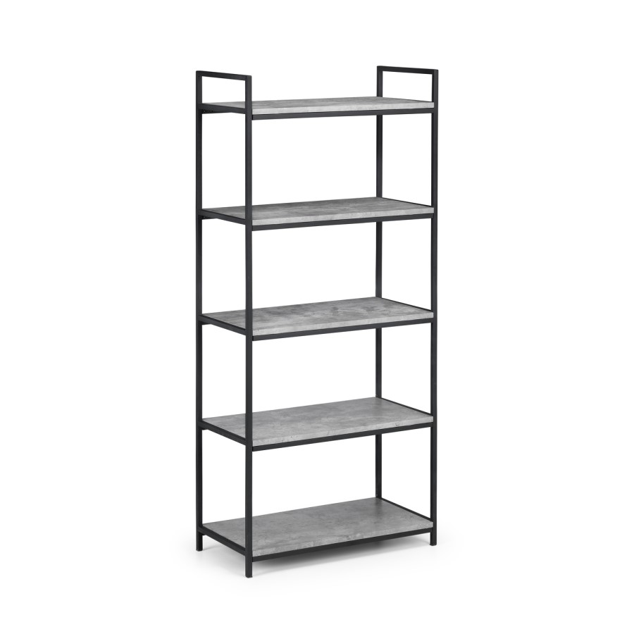 Tall Black Metal Open Bookcase with Faux Concrete Shelves - Julian Bowen