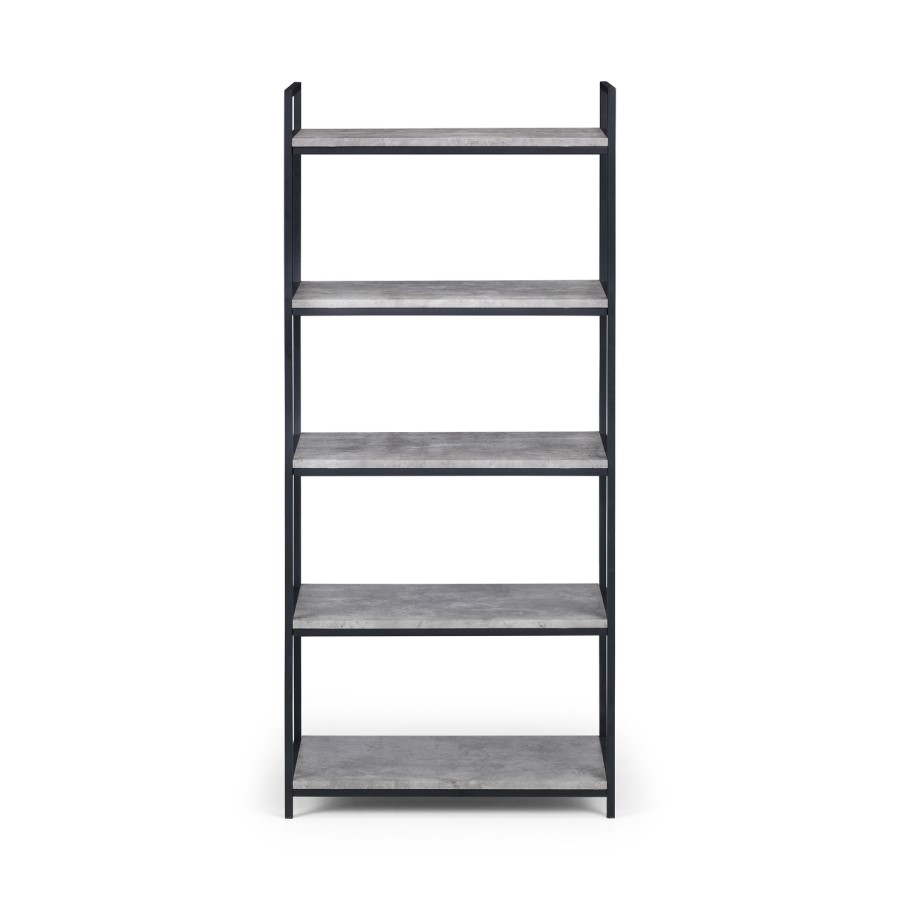 Tall Black Metal Open Bookcase with Faux Concrete Shelves - Julian Bowen