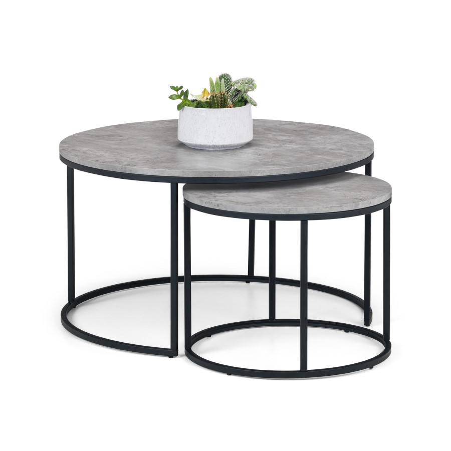 Round Nest of 2 Coffee Tables in Faux Concrete & Black Metal - Julian Bowen