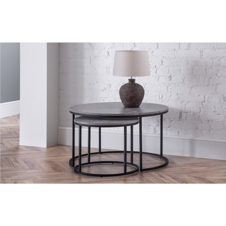 Round Nest of 2 Coffee Tables in Faux Concrete & Black Metal - Julian Bowen