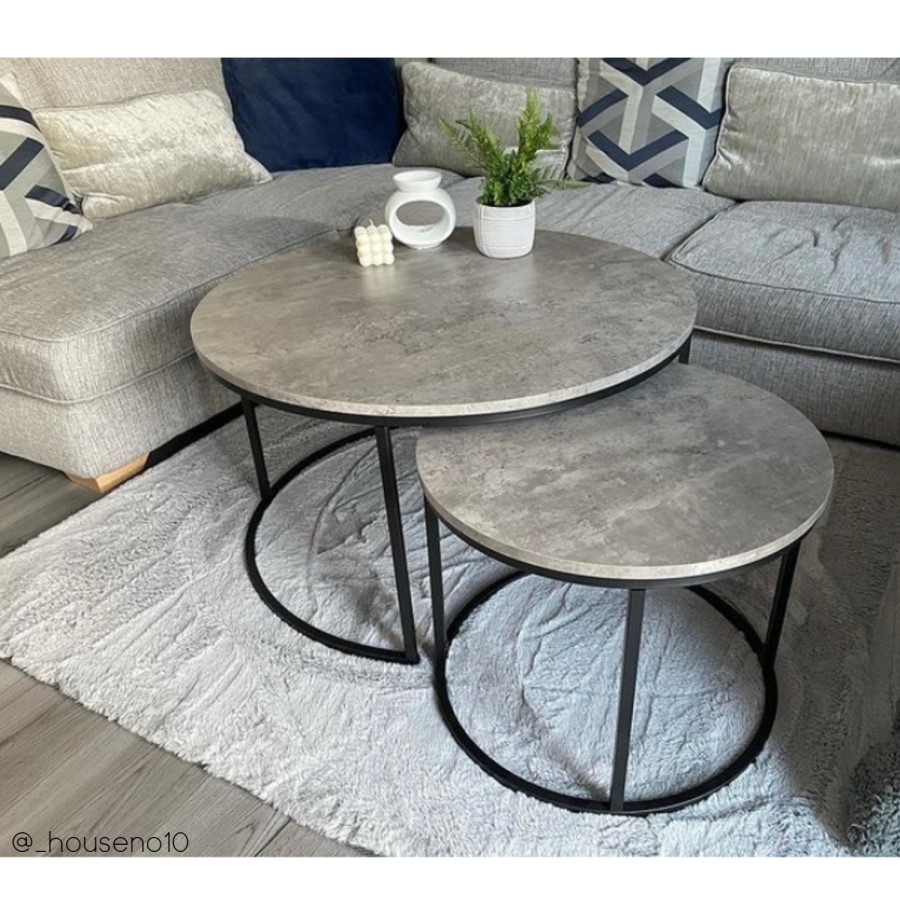 Round Nest of 2 Coffee Tables in Faux Concrete & Black Metal - Julian Bowen