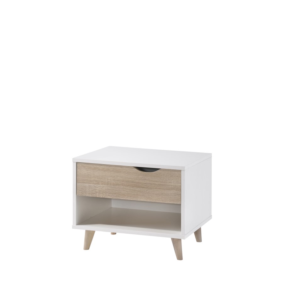 Scandi White and Oak Bedside Table with Drawer - LPD