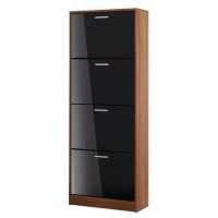 LPD Strand Black High Gloss and Walnut Shoe Storage Cabinet with 4 Shoe Compartments 24 Pairs