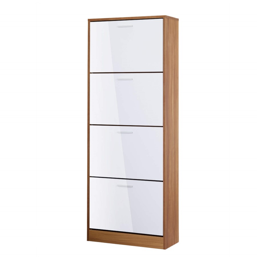 LPD Strand White High Gloss and Walnut Shoe Storage Cabinet with 4 Shoe Compartments 24 Pairs