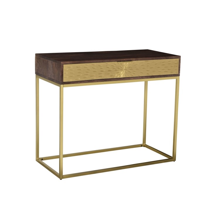 Dark Wood & Gold Console Table with Storage Drawer - Sunburst