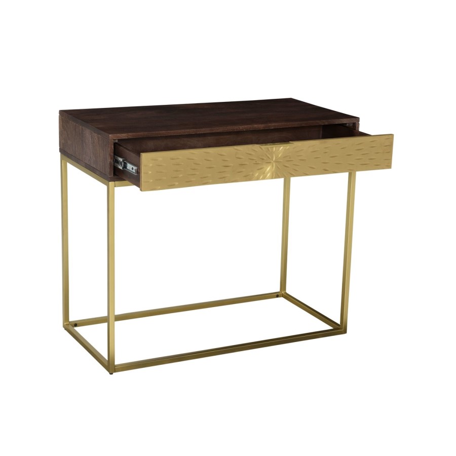 GRADE A2 - Solid Dark Wood & Gold Console Table - Art Deco - Sunburst
