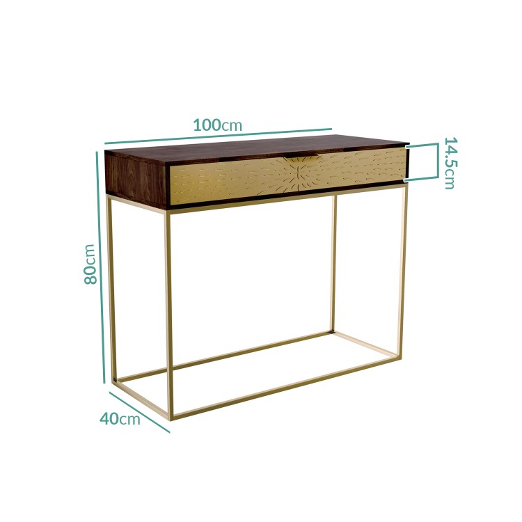 Dark Wood & Gold Console Table with Storage Drawer - Sunburst