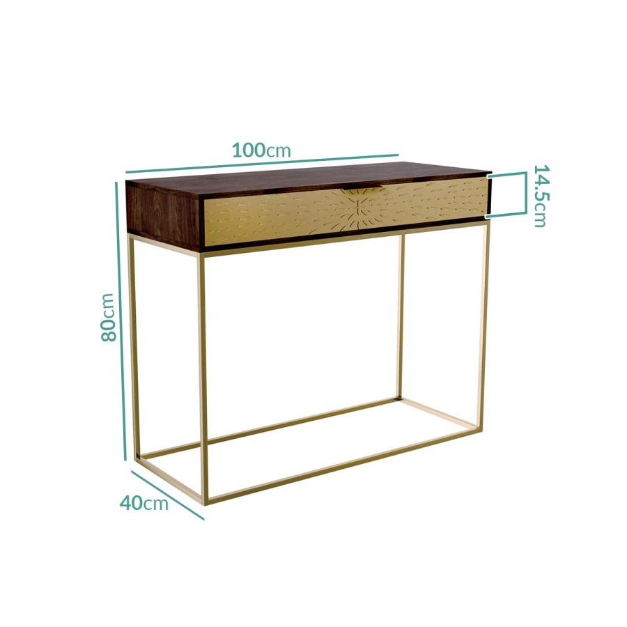 GRADE A2 - Solid Dark Wood & Gold Console Table - Art Deco - Sunburst