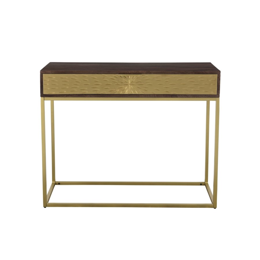 GRADE A2 - Solid Dark Wood & Gold Console Table - Art Deco - Sunburst
