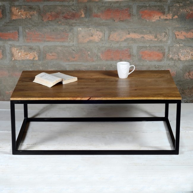 Suri Modern Industrial Rectangle Coffee Table in Mango Wood & Metal Detail