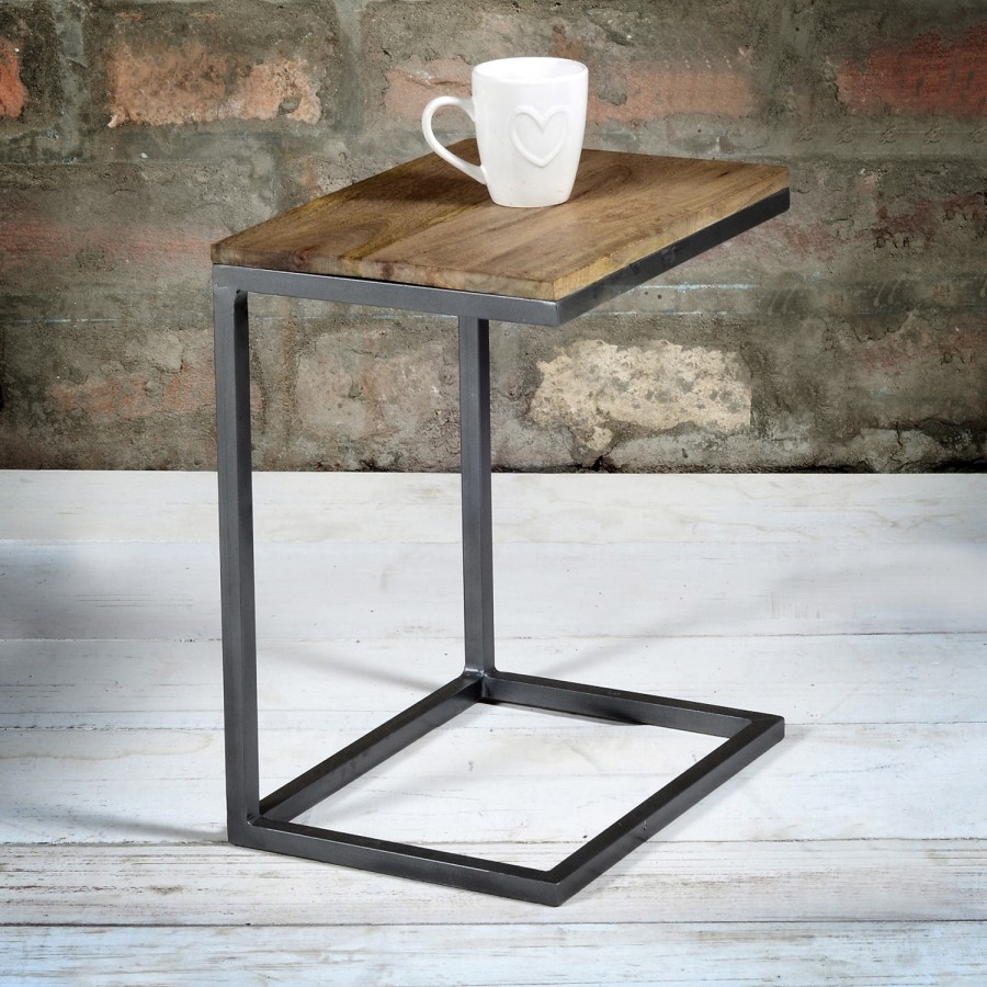 GRADE A1 - Suri Modern Industrial Small Side Table in Mango Wood & Metal Detail