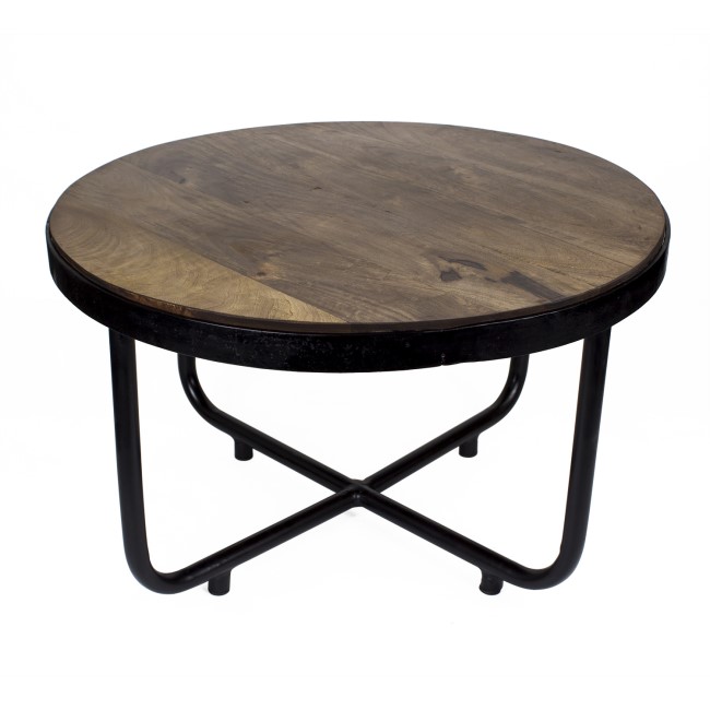 Suri Modern Industrial Round Coffee Table in Dark Mango Wood & Metal Detail