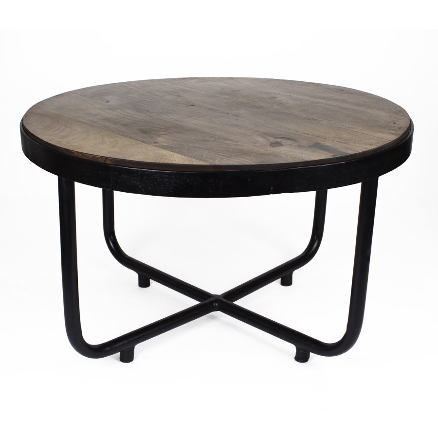 Suri Modern Industrial Round Coffee Table in Dark Mango Wood & Metal Detail
