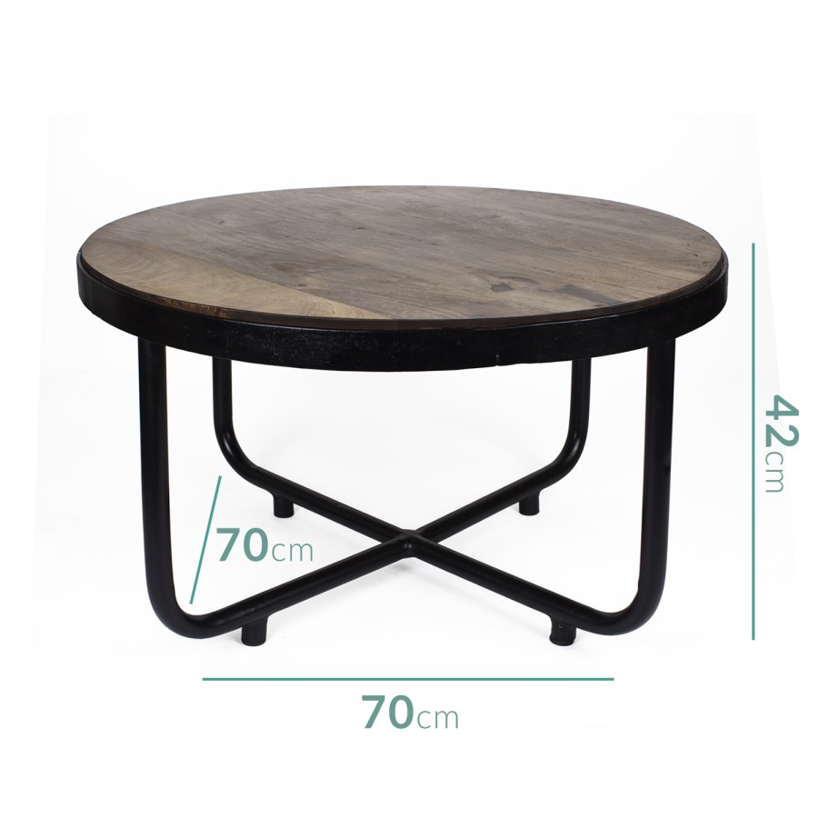 Suri Modern Industrial Round Coffee Table in Dark Mango Wood & Metal Detail