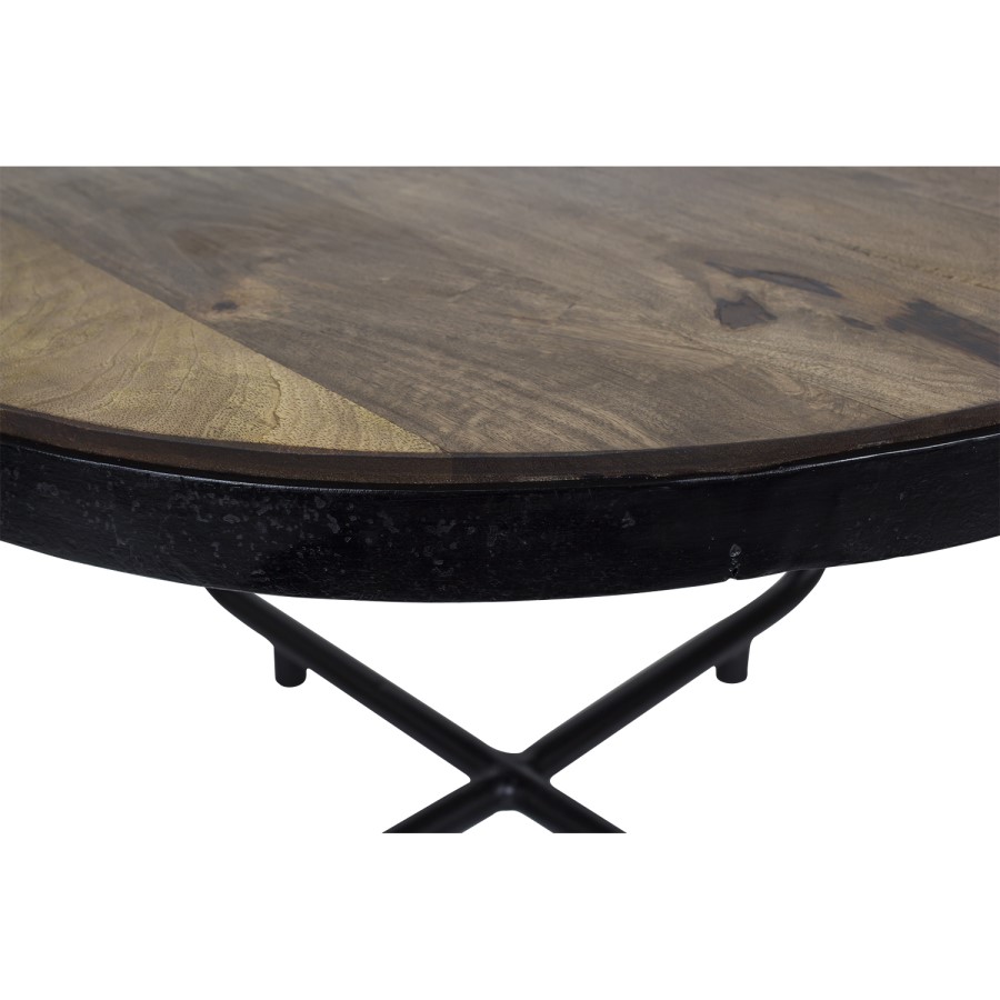 Suri Modern Industrial Round Coffee Table in Dark Mango Wood & Metal Detail