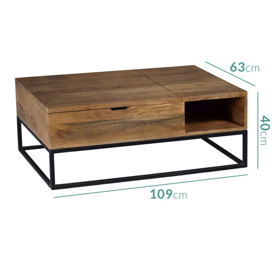 Solid Wood Flip Top Coffee Table with Industrial Black Base - Suri