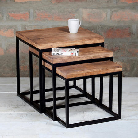 GRADE A2 - Suri Modern Industrial Nest of Tables in Solid Wood & Metal Detail