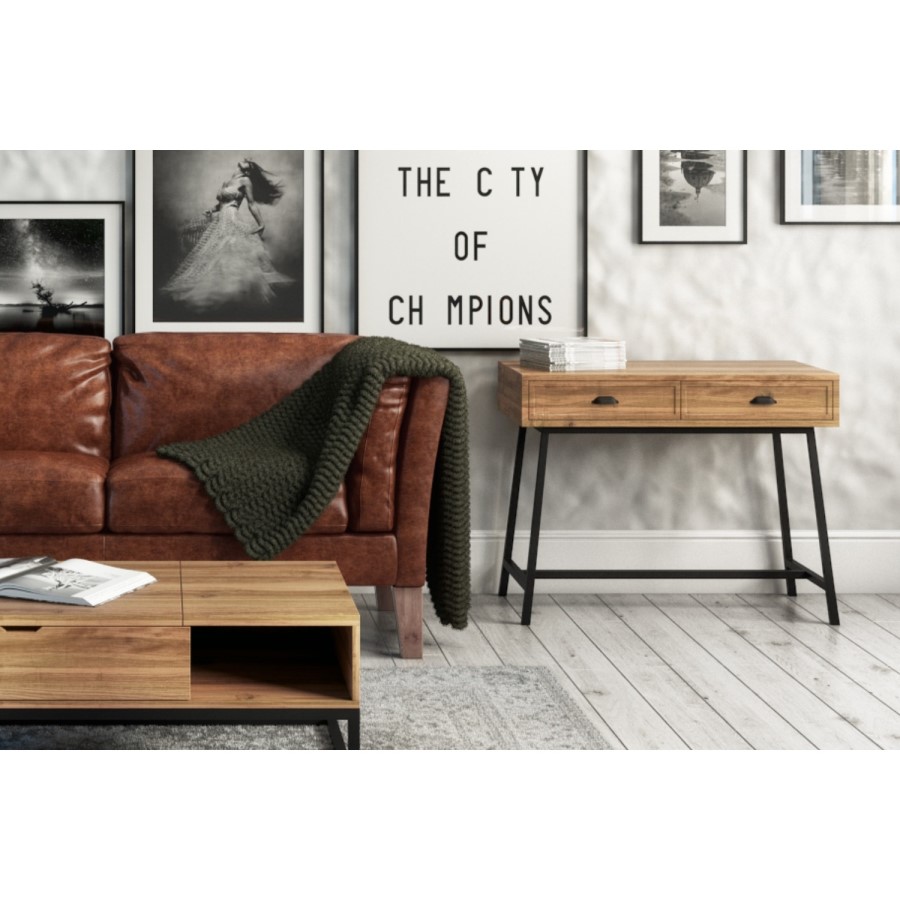 GRADE A1 - Suri Industrial Console Table in Mango Wood & Black Metal - 2 Drawers