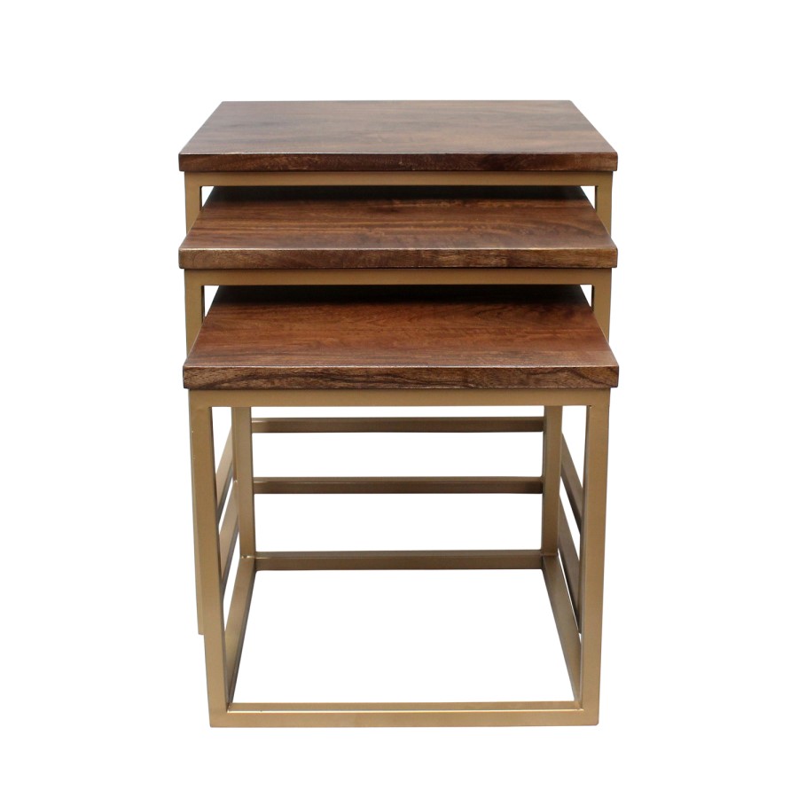 Dark Wood Side Tables with Gold Metal Finish - Suri