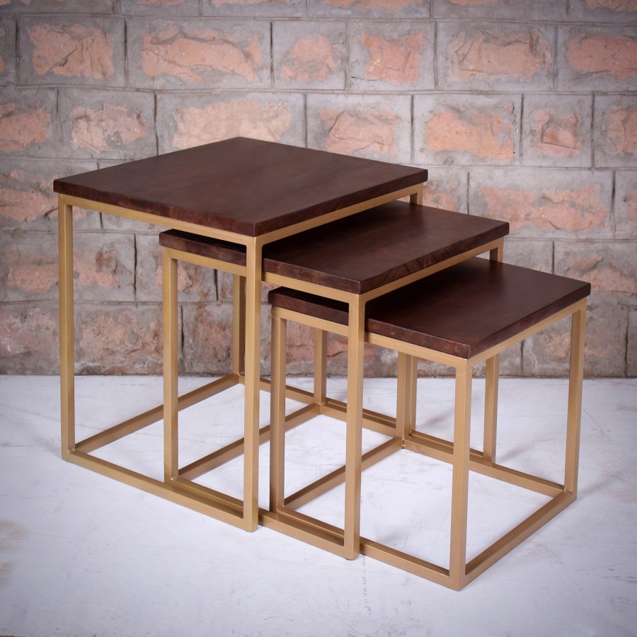 Dark Wood Side Tables with Gold Metal Finish - Suri
