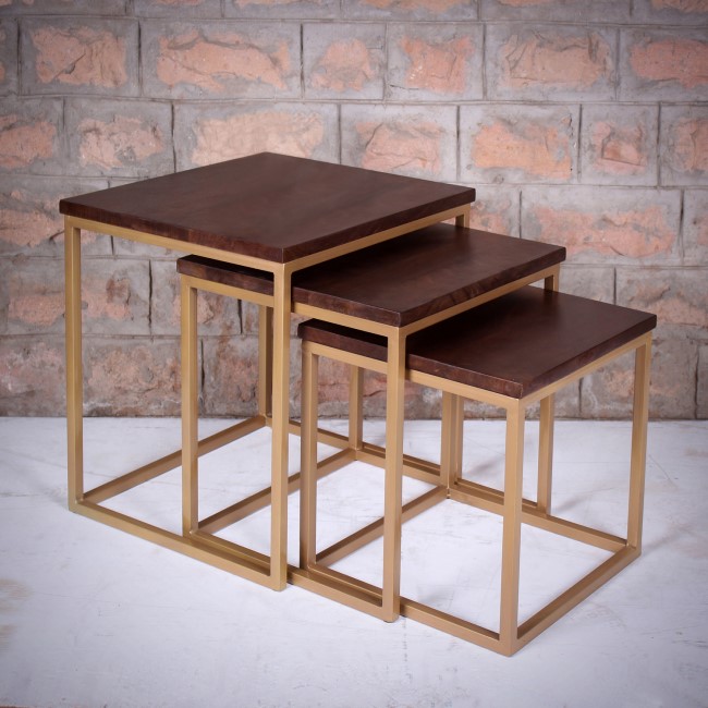 GRADE A1 - Suri Nest of Tables in Gold Metal & Dark Wood - 3 Stacking Tables