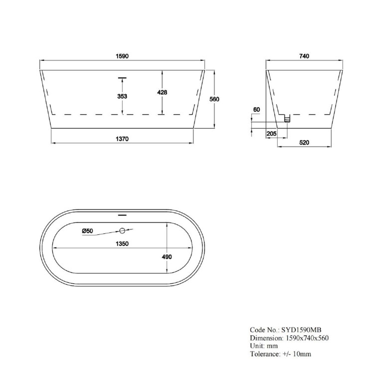 Matt Black Freestanding Double Ended Bath 1590 x 740mm - Sydney