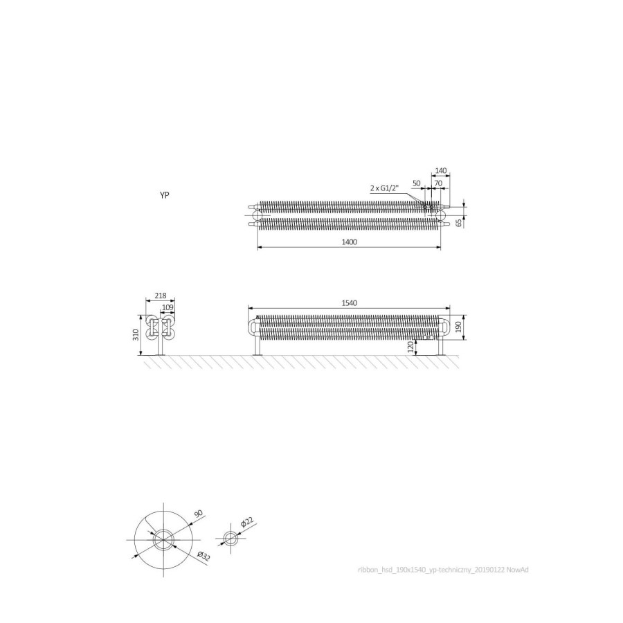 Heban Horizontal Radiator 190 x 1540mm - Industrial Style