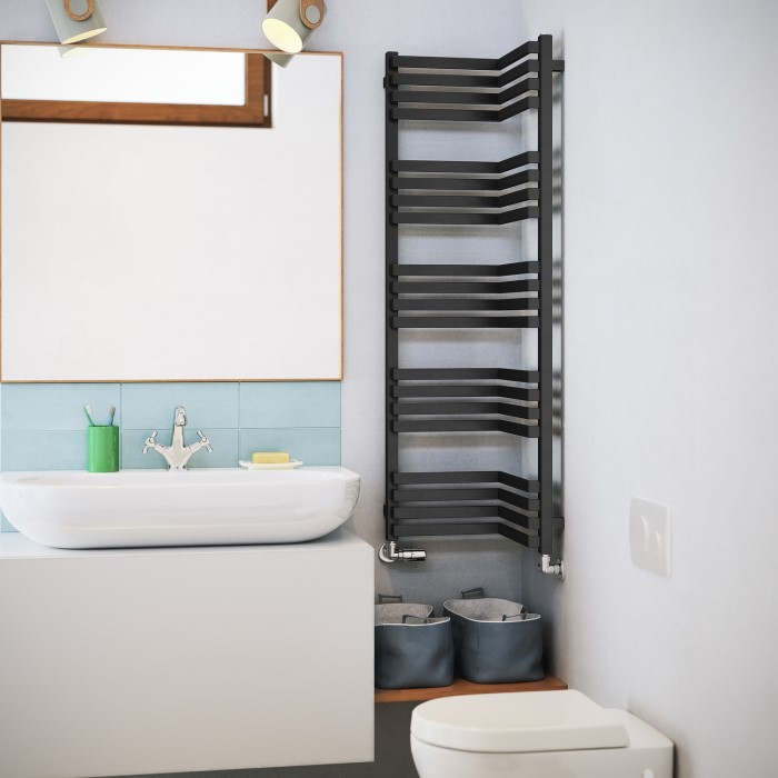 Metallic Black Bathroom Towel Radiator fits on an Internal Corner 1275