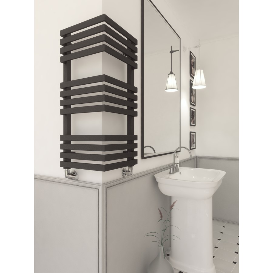 Metallic Black Bathroom Towel Radiator fits on an External Corner 735 x 300mm