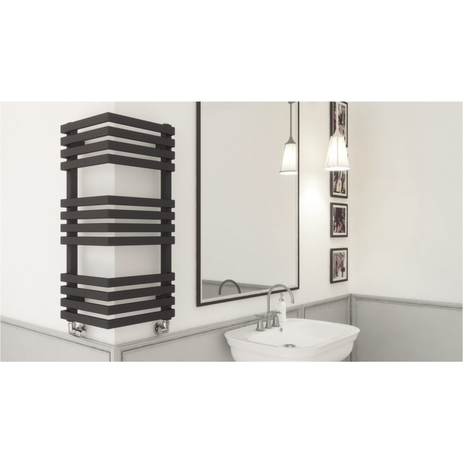 Metallic Black Bathroom Towel Radiator fits on an External Corner 735 x 300mm
